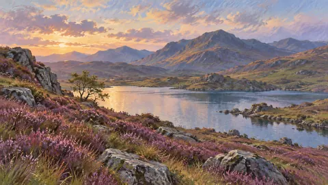 Highland tarn beneath heather slopes – soft pastel drawing Frame TV art