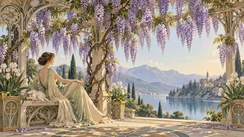 Wisteria cascading from a pergola – decorative art nouveau painting Frame TV art