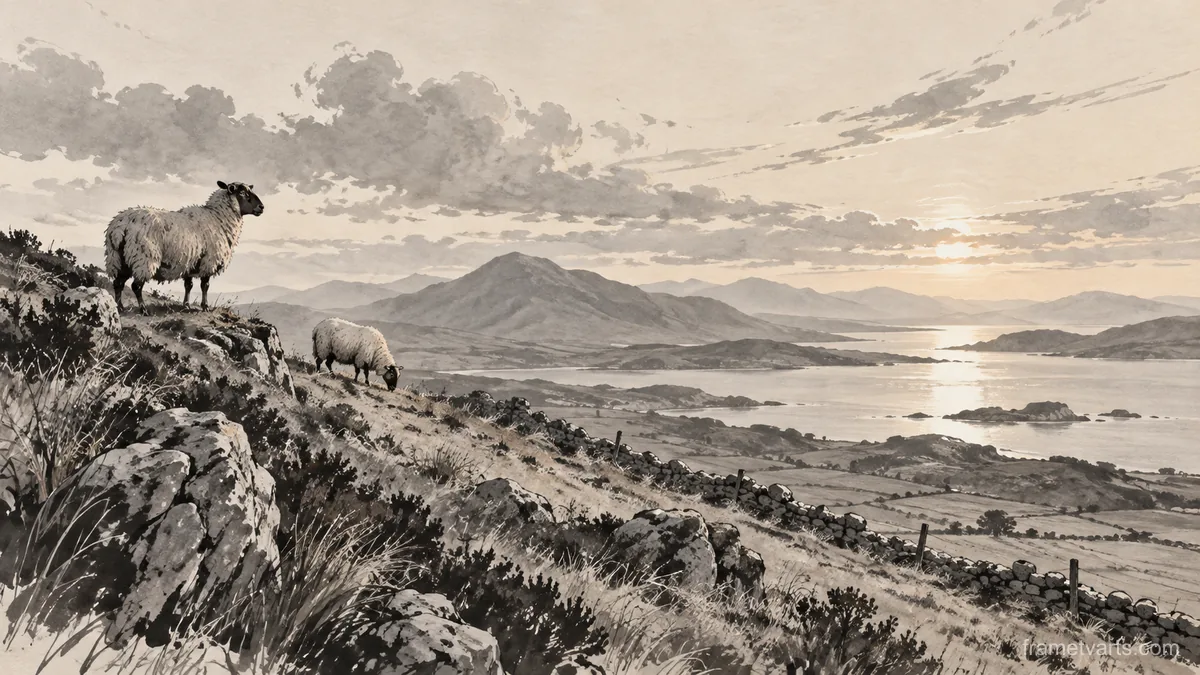 Sheep on a windswept hillside – restrained ink illustration Samsung Frame TV art, 4K