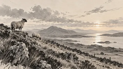 Sheep on a windswept hillside – restrained ink illustration Frame TV art