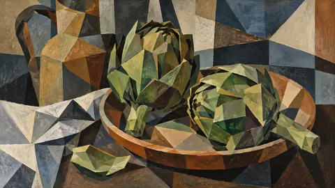 Artichokes and an earthenware plate – cubist still life Frame TV art