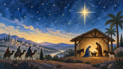 Nativity silhouette under a starry sky – decorative folk gouache Frame TV art