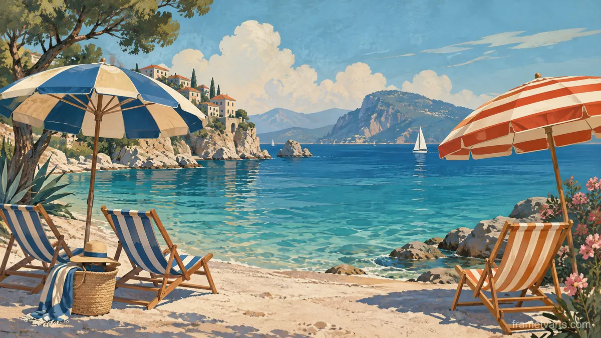 Empty striped beach umbrellas beside turquoise water – vintage travel illustration without text Samsung Frame TV art, 4K