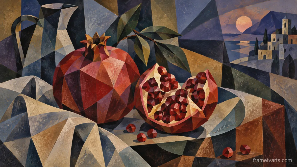 Pomegranate split beside whole fruit – cubist still life Samsung Frame TV art, 4K
