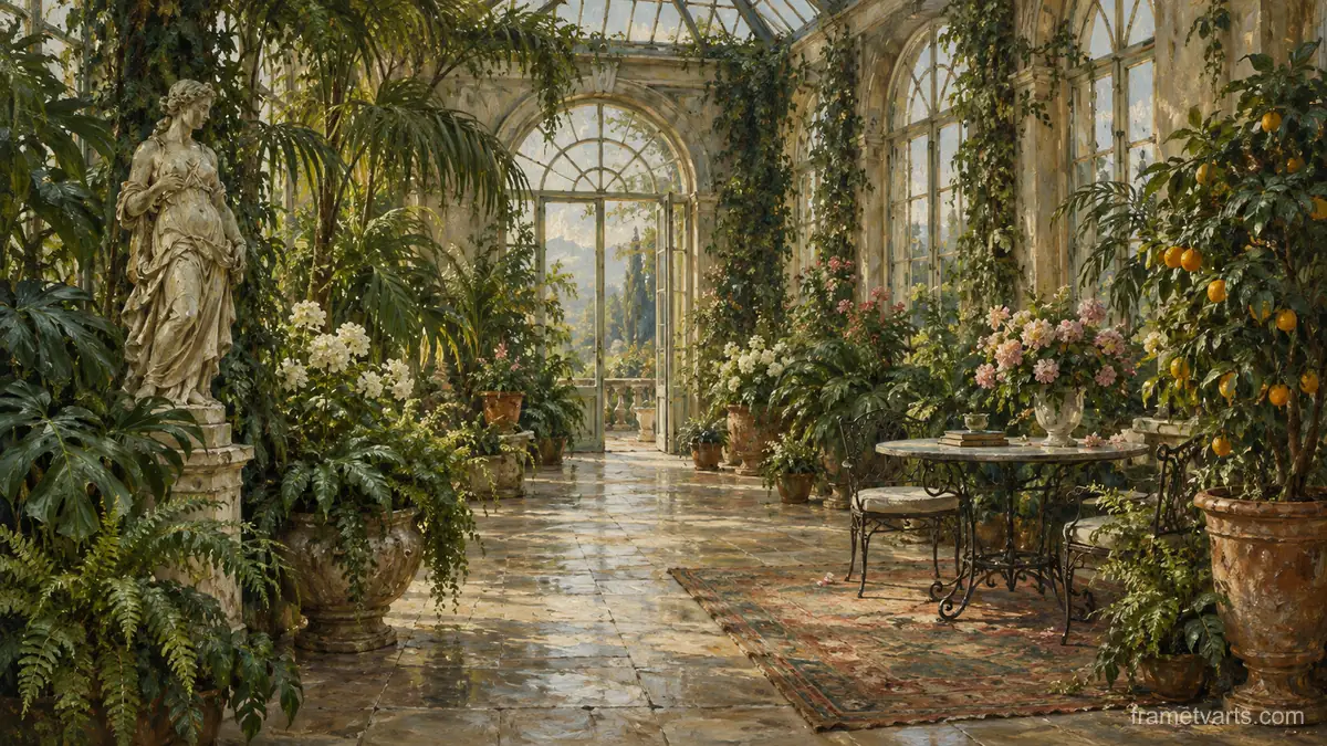 Old conservatory filled with green plants – atmospheric oil painting Samsung Frame TV art, 4K