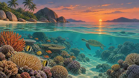 Coral reef viewed through clear shallows – vintage travel illustration without text Frame TV art