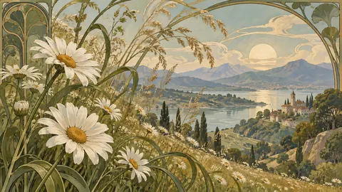 Meadow daisies and airy grasses – decorative art nouveau painting Frame TV art