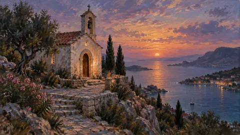 Small coastal chapel above a bay – atmospheric oil painting Frame TV art