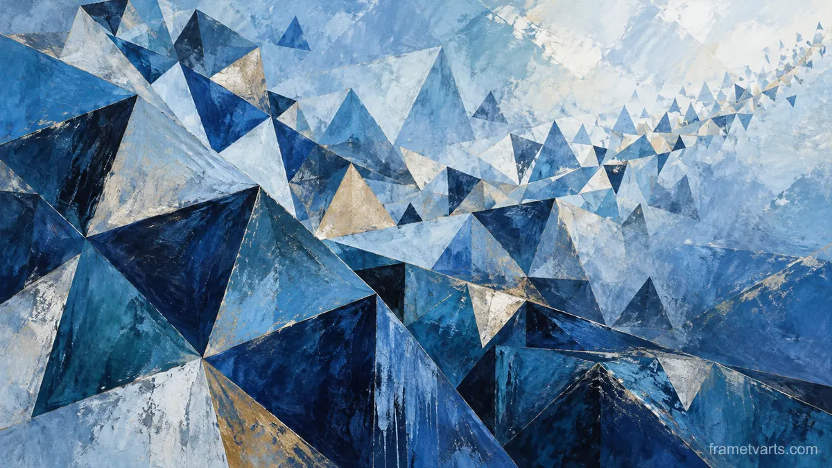 Tessellating imperfect triangles in varied sizes – cool blue lyrical abstraction Samsung Frame TV art, 4K