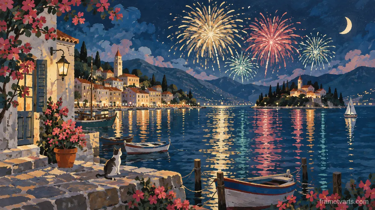 New Year fireworks reflected across a quiet harbor – decorative folk gouache Samsung Frame TV art, 4K