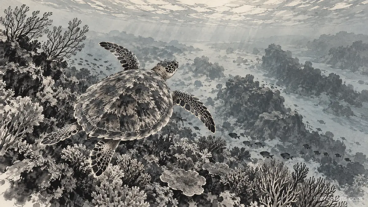 Sea turtle gliding above coral – restrained ink illustration Samsung Frame TV art, 4K