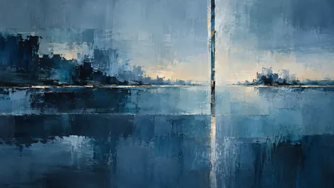 Horizontal bands interrupted by a vertical slit – cool blue lyrical abstraction Frame TV art
