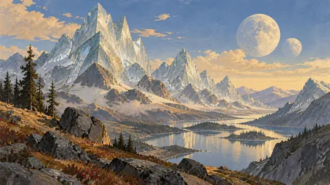 Glasslike mountain peaks below twin moons – restrained celestial gouache Frame TV art