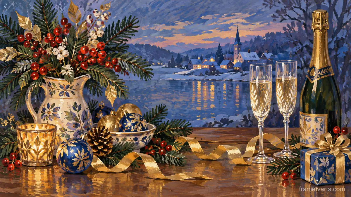 New Year still life of sparkling glass and gold ribbons – decorative folk gouache Samsung Frame TV art, 4K