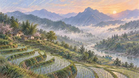 Terraced rice valley in morning mist – soft pastel drawing Frame TV art