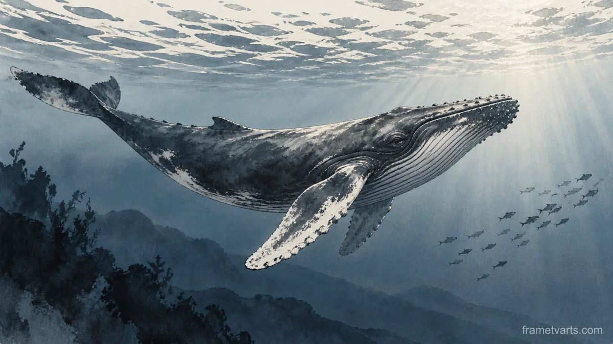 Humpback whale beneath a luminous sea surface – restrained ink illustration Samsung Frame TV art, 4K