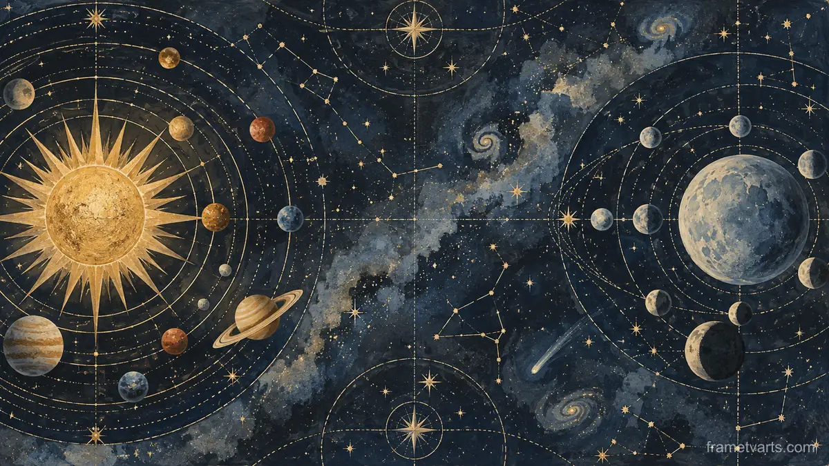Imaginary celestial map without labels – restrained celestial gouache Samsung Frame TV art, 4K