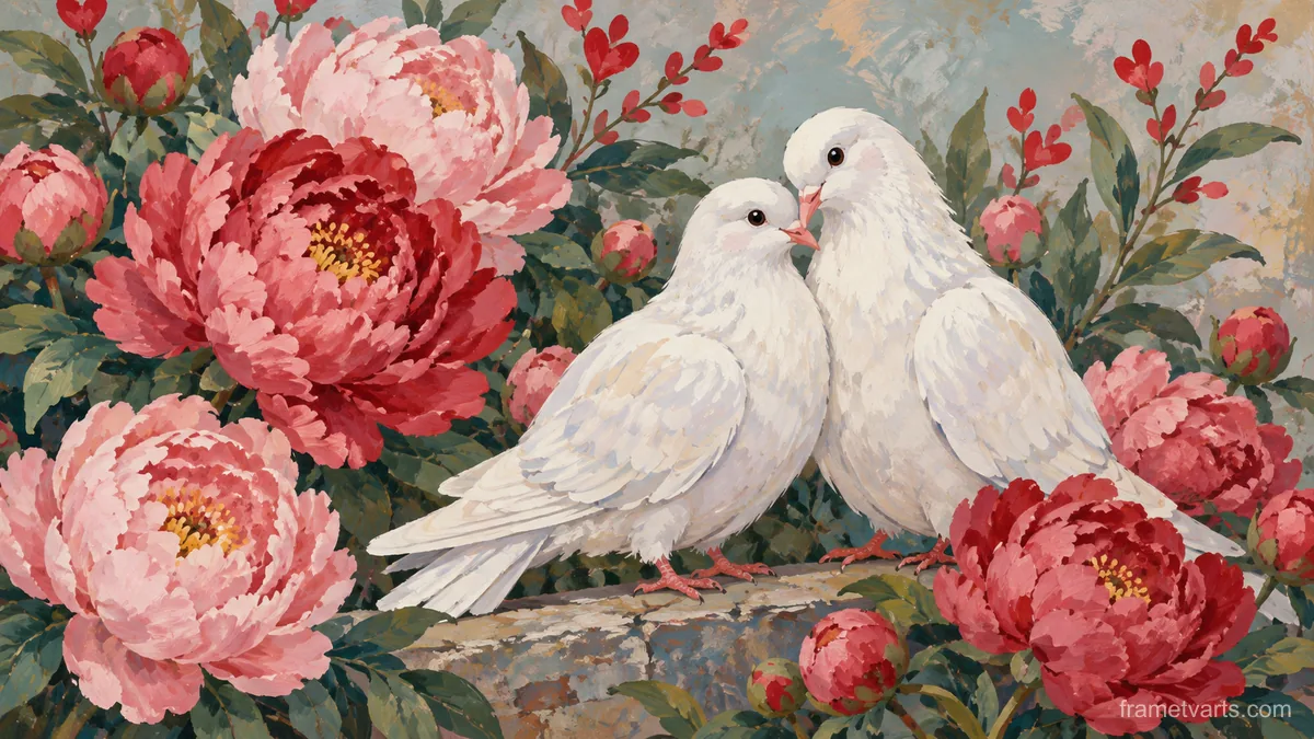 Valentine peonies and paired white doves – decorative folk gouache Samsung Frame TV art, 4K