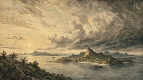 Rain clouds crossing an island bay – vintage travel illustration without text Frame TV art