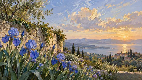 Blue irises beside a stone garden wall – contemporary loose oil painting Frame TV art