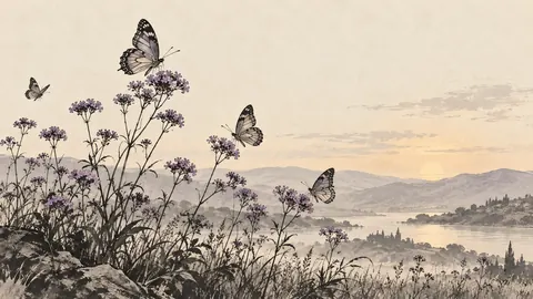 Butterflies around wild verbena – restrained ink illustration Frame TV art