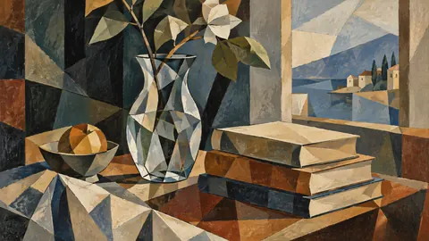 Glass vase beside stacked unmarked books – cubist still life Frame TV art