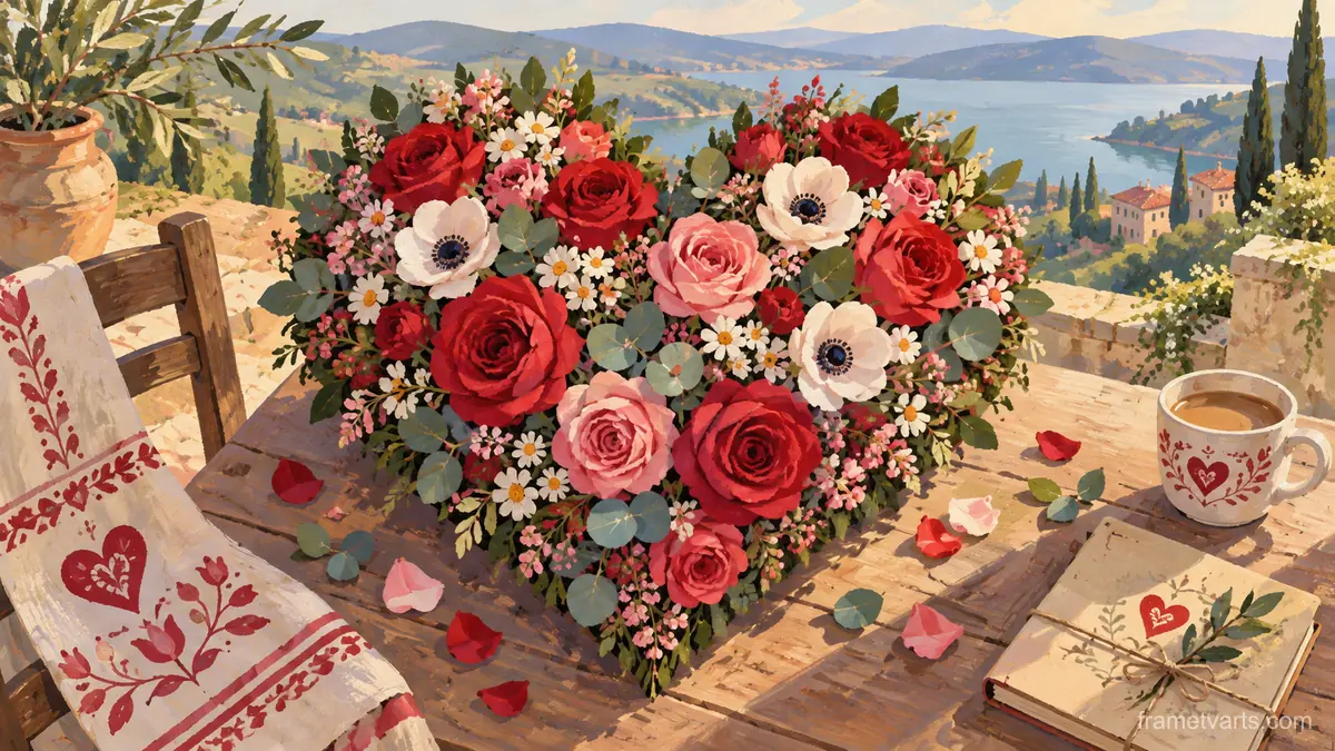 Valentine heart-shaped floral arrangement – decorative folk gouache Samsung Frame TV art, 4K