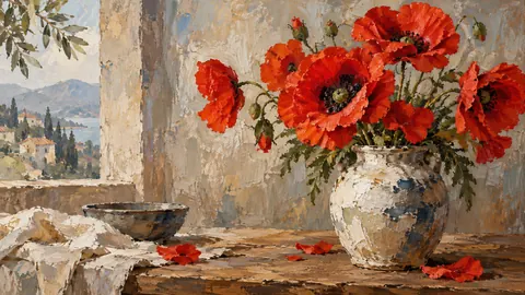 Scarlet poppies in a loose ceramic vase – contemporary loose oil painting Frame TV art