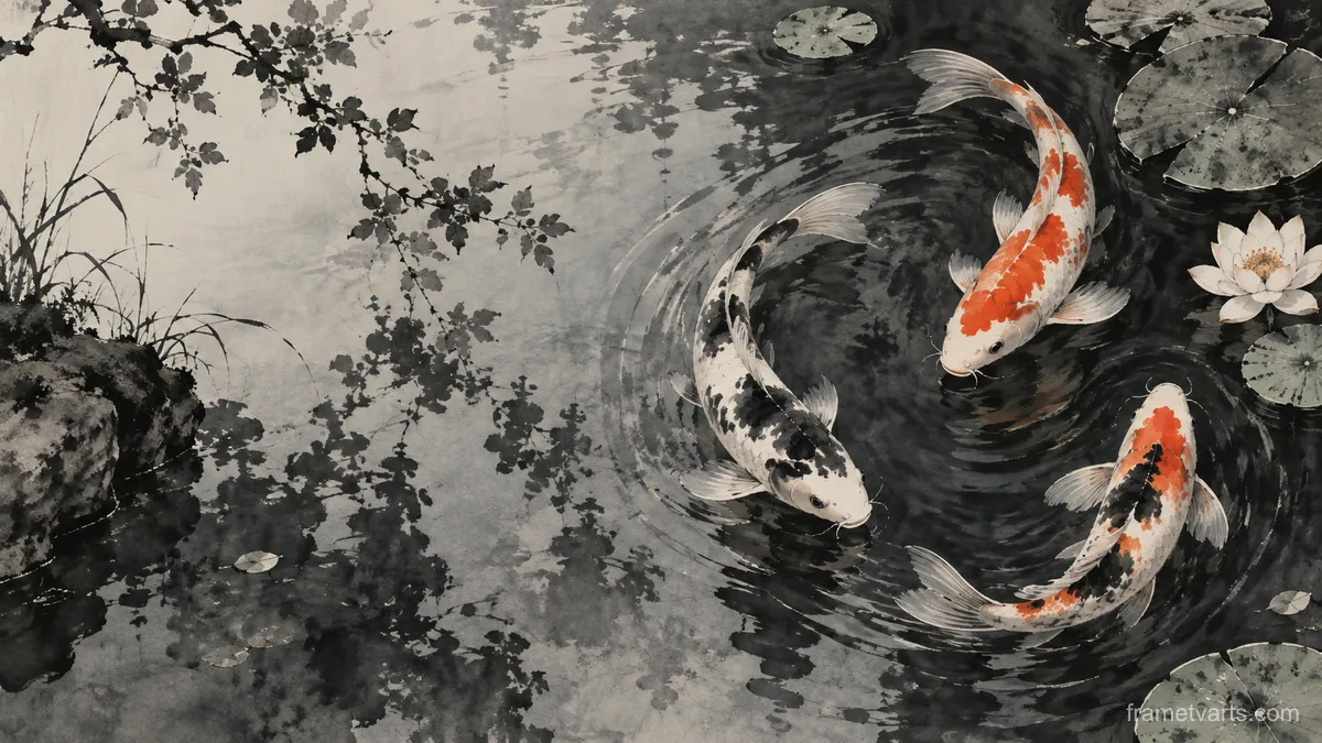 Koi fish circling among pond reflections – restrained ink illustration Samsung Frame TV art, 4K