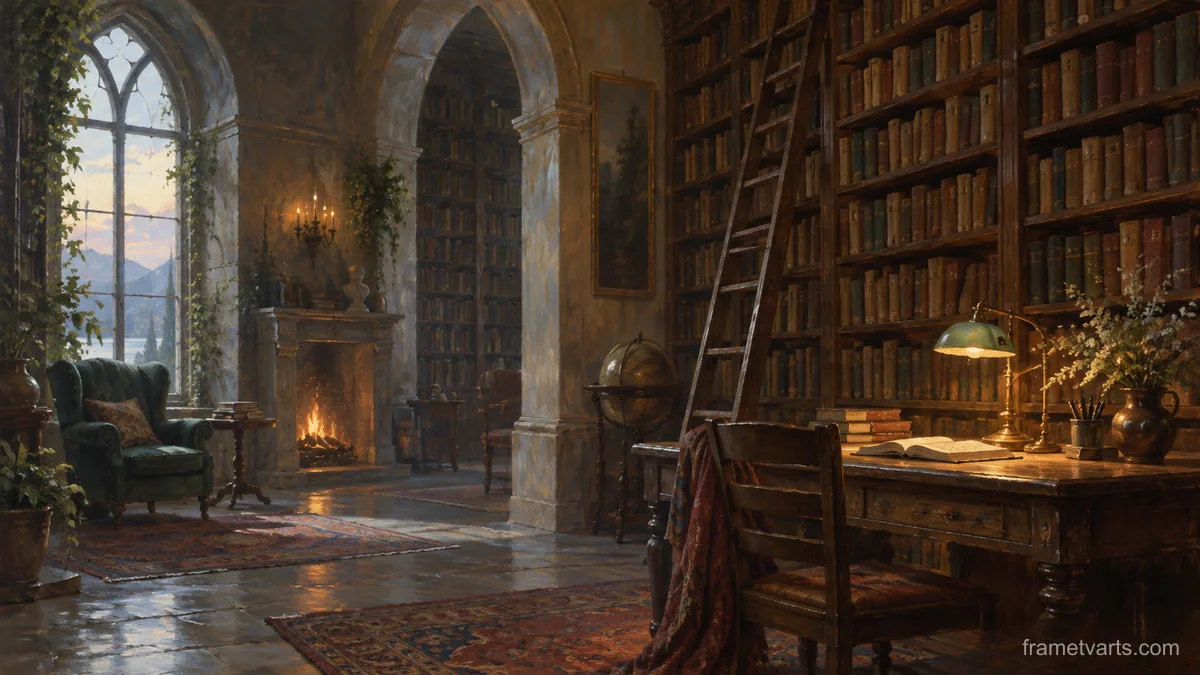 Library with tall shelves of unmarked books – atmospheric oil painting Samsung Frame TV art, 4K