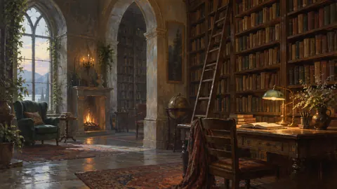 Library with tall shelves of unmarked books – atmospheric oil painting Frame TV art