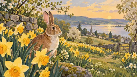 Easter rabbit among spring daffodils – decorative folk gouache Frame TV art