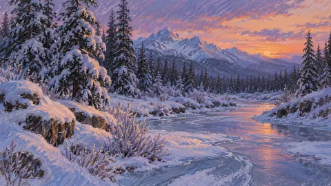 Snow-laden pine forest beside frozen creek – soft pastel drawing Frame TV art