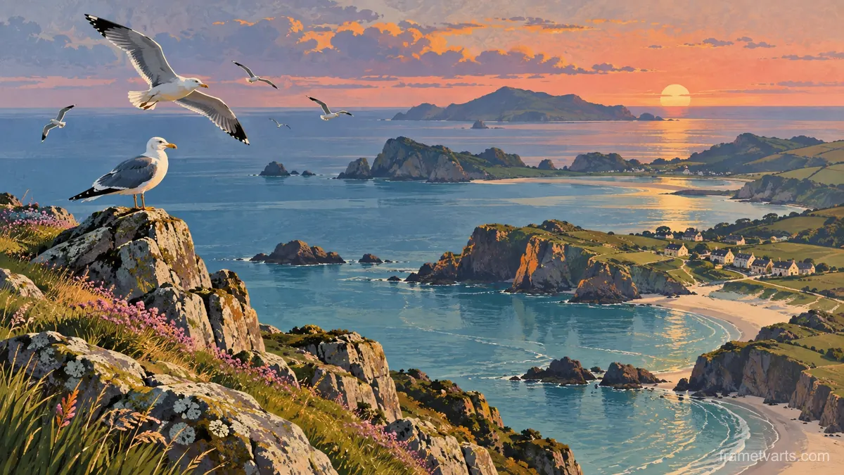 Seabirds above a sweeping coastal inlet – vintage travel illustration without text Samsung Frame TV art, 4K