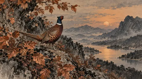 Pheasant among copper leaves – restrained ink illustration Frame TV art