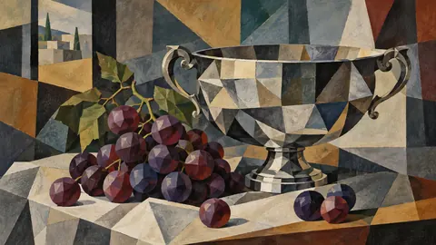 Grapes beside an antique silver bowl – cubist still life Frame TV art