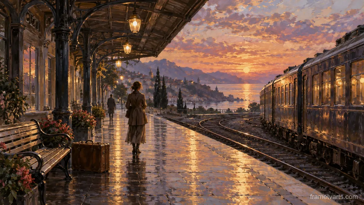 Sunlit train station platform without signage – atmospheric oil painting Samsung Frame TV art, 4K