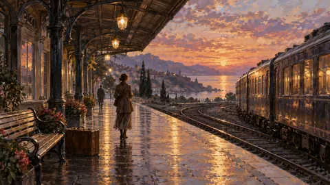 Sunlit train station platform without signage – atmospheric oil painting Frame TV art