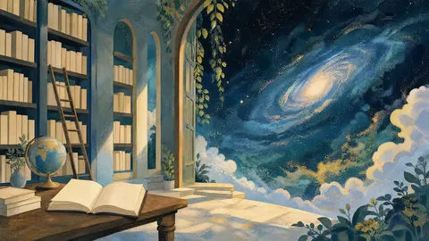 Dreamlike library opening onto a galaxy – restrained celestial gouache Frame TV art