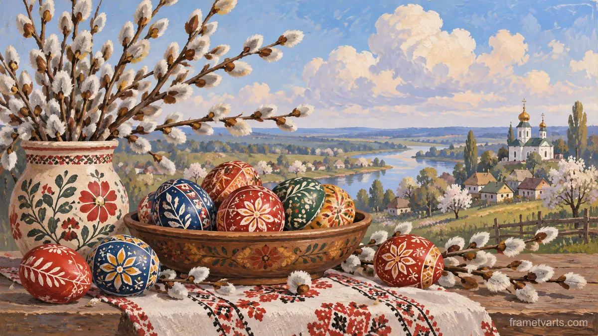 Easter painted eggs and willow branches – decorative folk gouache Samsung Frame TV art, 4K