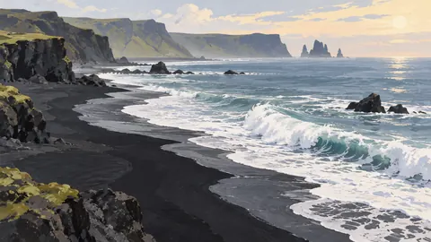 White surf curling onto black volcanic sand – minimal gouache Frame TV art
