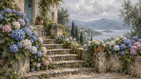 Hydrangeas spilling over weathered garden steps – contemporary loose oil painting Frame TV art