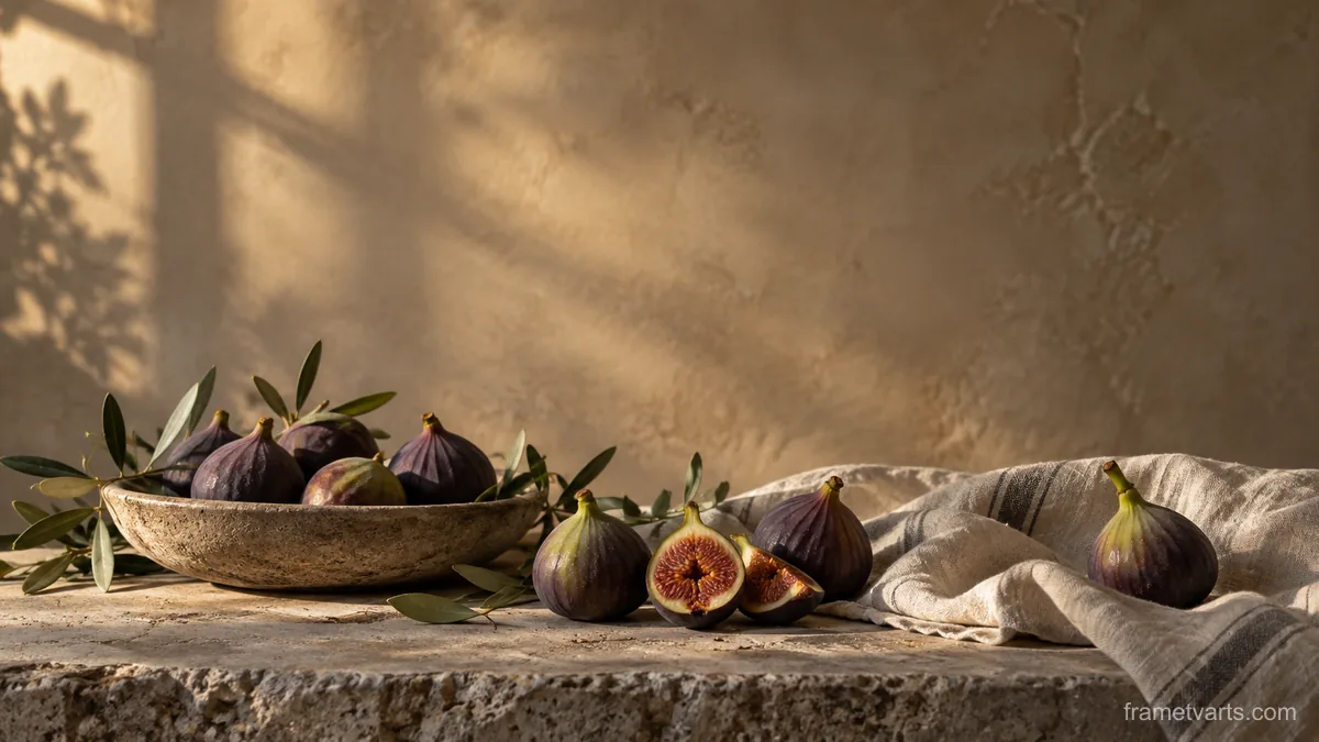 Figs and a linen napkin on a stone table – fine-art still-life photography Samsung Frame TV art, 4K