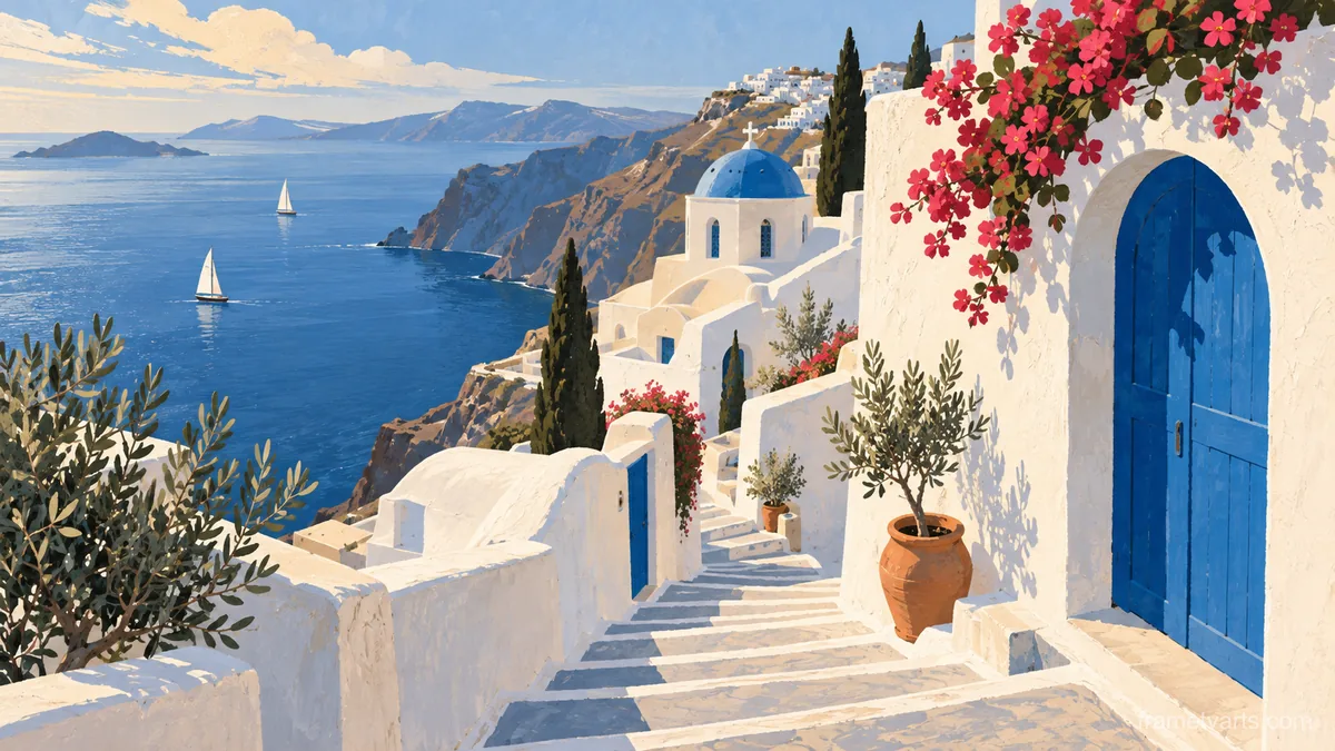 Whitewashed island steps with blue doors – mid-century travel illustration without text Samsung Frame TV art, 4K