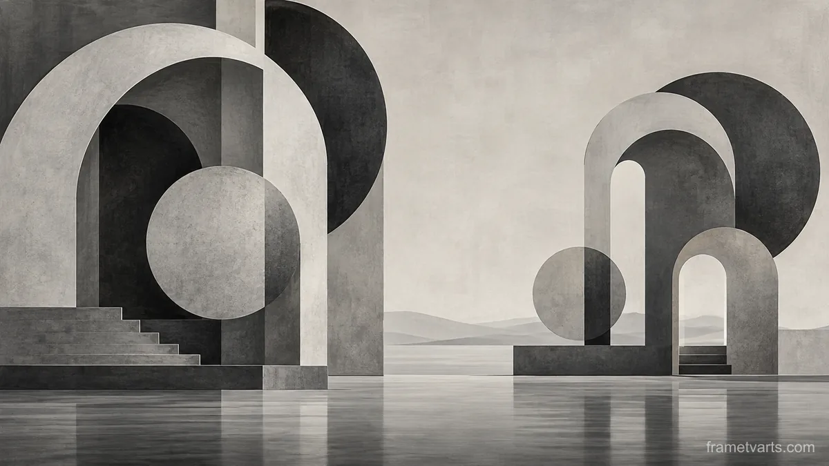 Interlocking offset arches and circles – monochrome minimalist abstraction Samsung Frame TV art, 4K