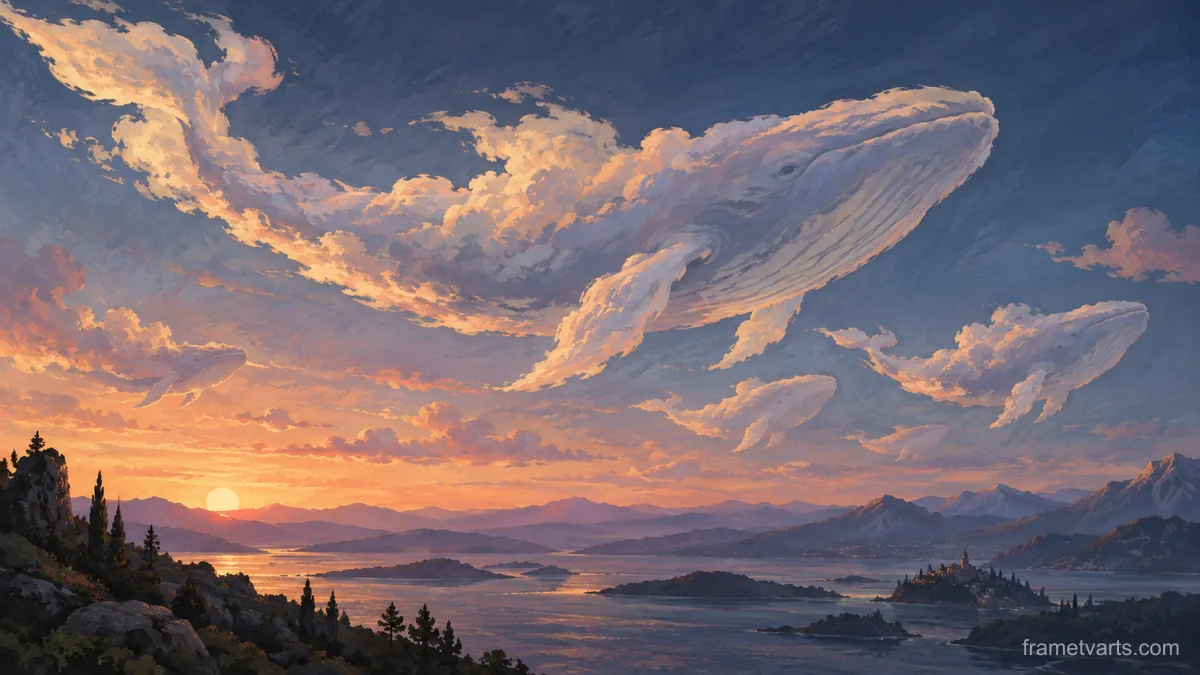 Cloud-shaped whales crossing a twilight sky – restrained celestial gouache Samsung Frame TV art, 4K