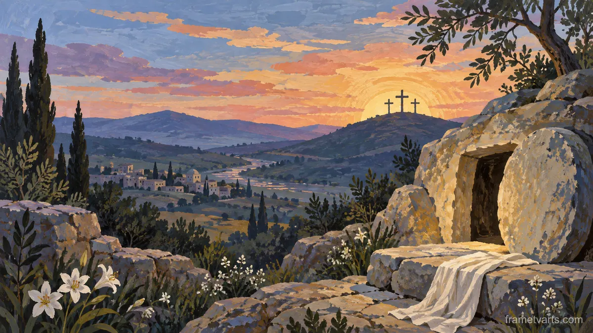 Easter sunrise over three distant simple crosses – decorative folk gouache Samsung Frame TV art, 4K