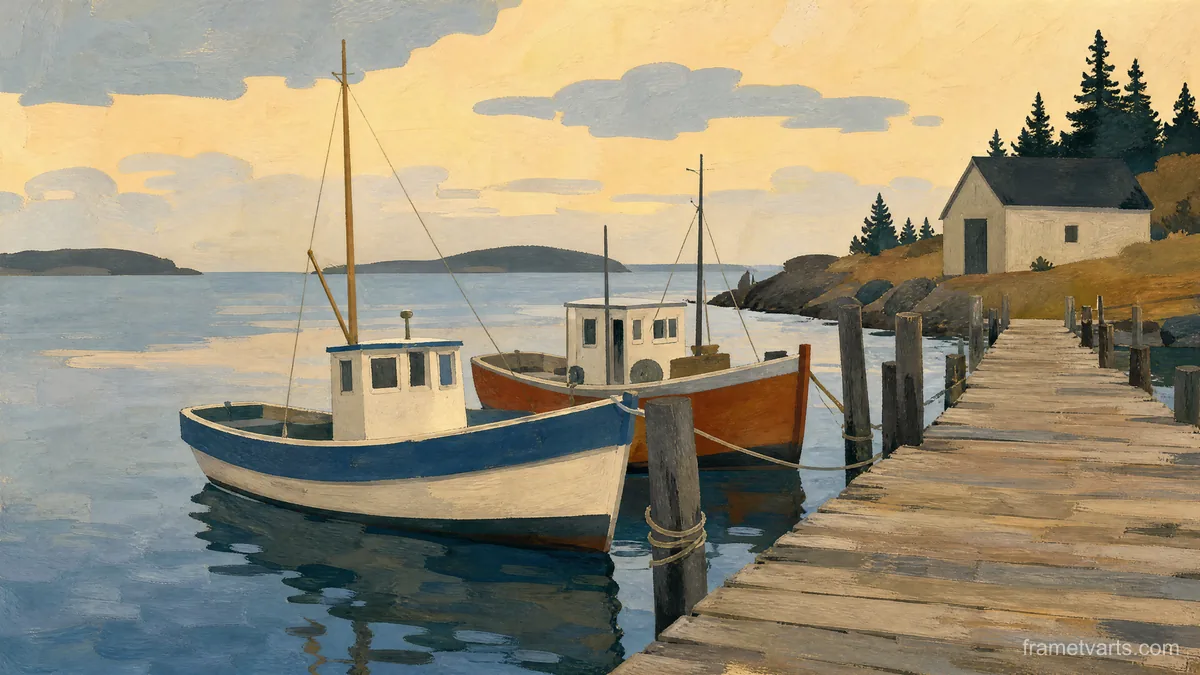 Fishing boats beside a quiet wooden jetty – minimal gouache Samsung Frame TV art, 4K
