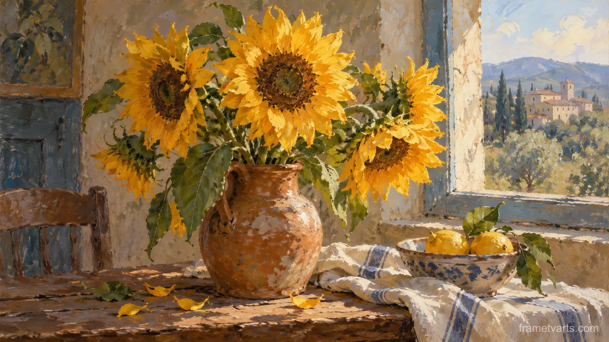 Golden sunflowers in an earthenware jug – contemporary loose oil painting Samsung Frame TV art, 4K