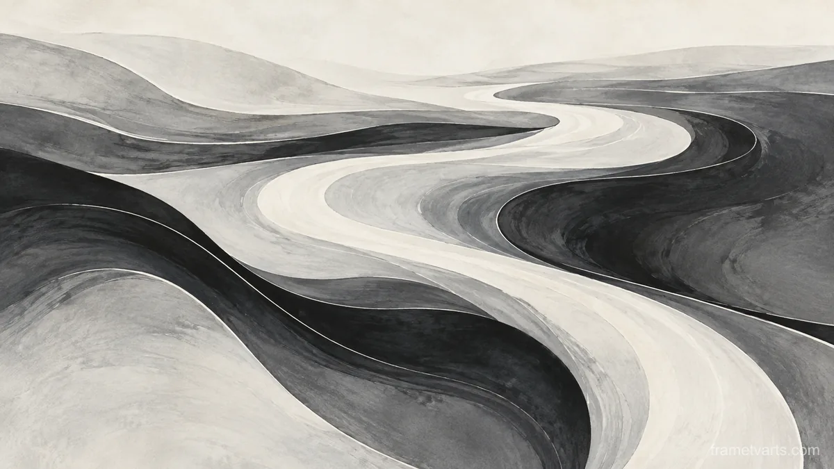 Flowing riverlike bands across open space – monochrome minimalist abstraction Samsung Frame TV art, 4K